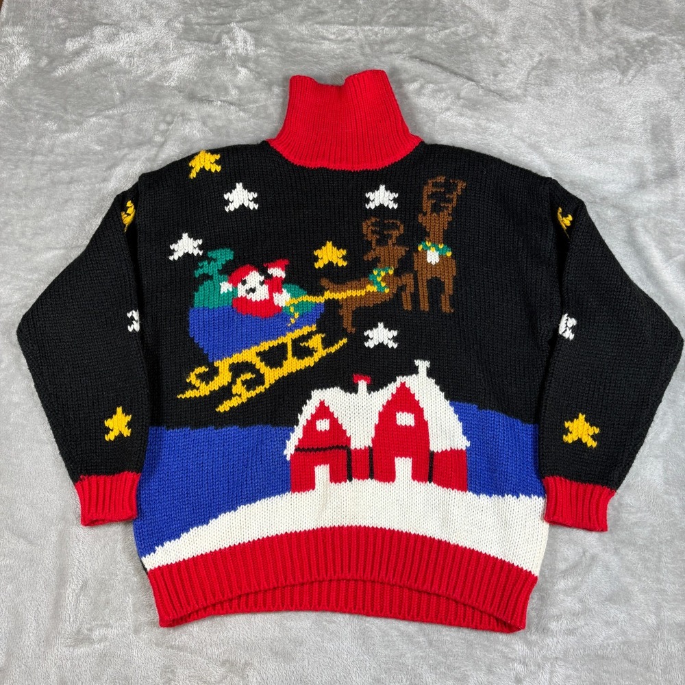 Vintage Christmas Sweater Women Large Turtleneck Santa Sleigh Reindeer Winter